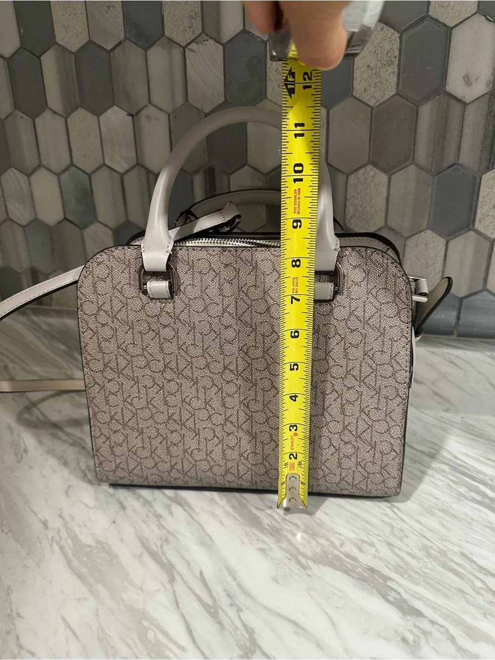 Calvin Klein Taupe/Beige Monogram Satchel with Adjustable Strap